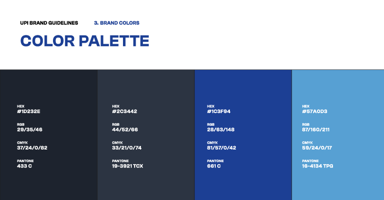 UPI Global Ingredients new brand guidelines color palette, created by chemical marketing agency HEXNET